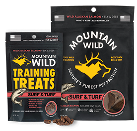 Mountain Wild Surf & Turf dog treat and training treat bags, wild Alaskan salmon with elk and deer