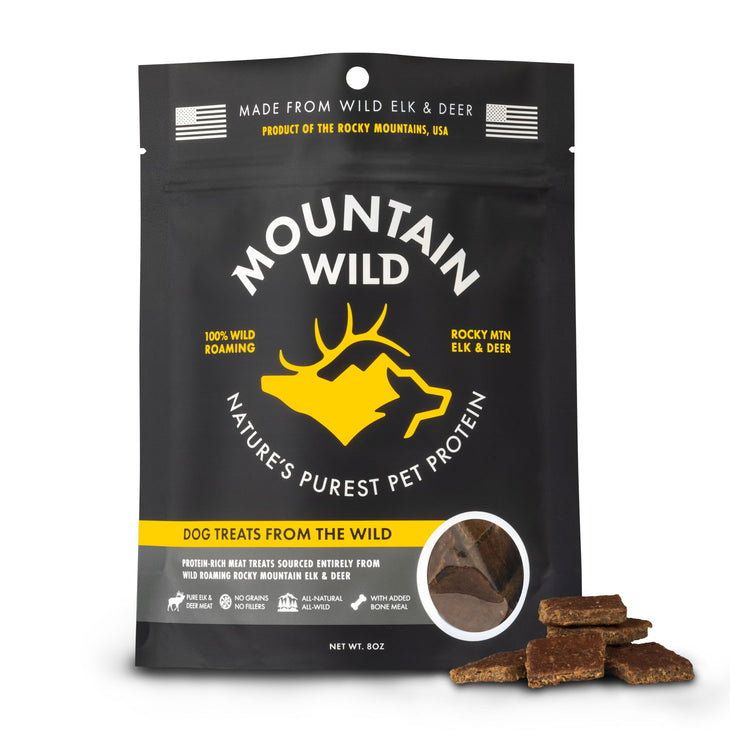 Mountain Wild elk and venison dog treats bag – 8oz wild-sourced jerky, no grains, no fillers, Rocky Mountains USA