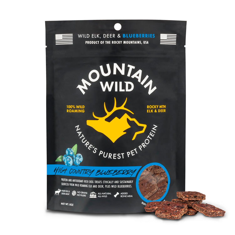 Mountain Wild High Country Blueberry treats bag — wild-sourced elk and deer dog treats, no fillers